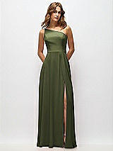 Alt View 1 Thumbnail - Olive Green One-Shoulder Chiffon Maxi Dress with Shirred Front Slit