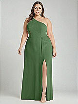 Alt View 1 Thumbnail - Vineyard Green One-Shoulder Chiffon Maxi Dress with Shirred Front Slit