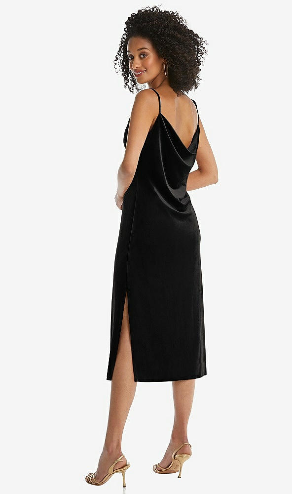 Back View - Black Asymmetrical One-Shoulder Velvet Midi Slip Dress