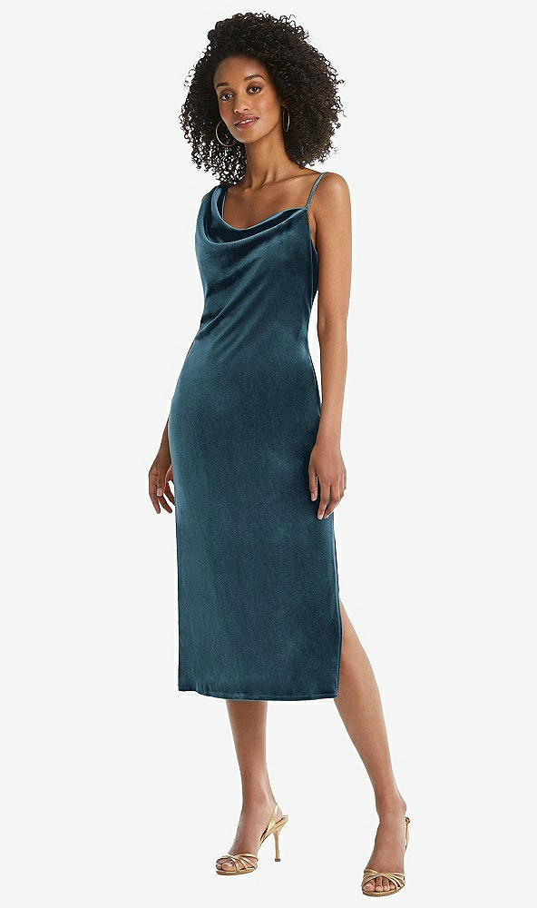 Front View - Dutch Blue Asymmetrical One-Shoulder Velvet Midi Slip Dress