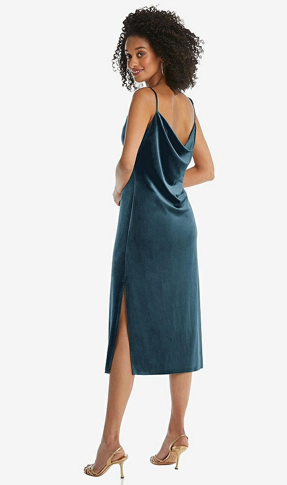 Back View - Dutch Blue Asymmetrical One-Shoulder Velvet Midi Slip Dress