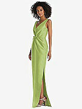 Side View Thumbnail - Mojito Pleated Bodice Satin Maxi Pencil Dress with Bow Detail