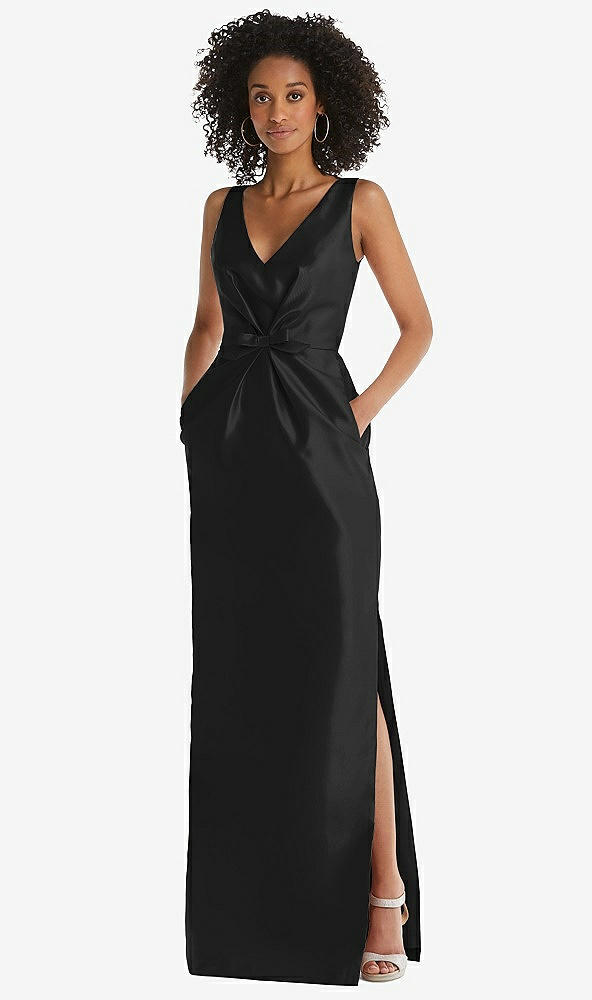 Front View - Black Pleated Bodice Satin Maxi Pencil Dress with Bow Detail