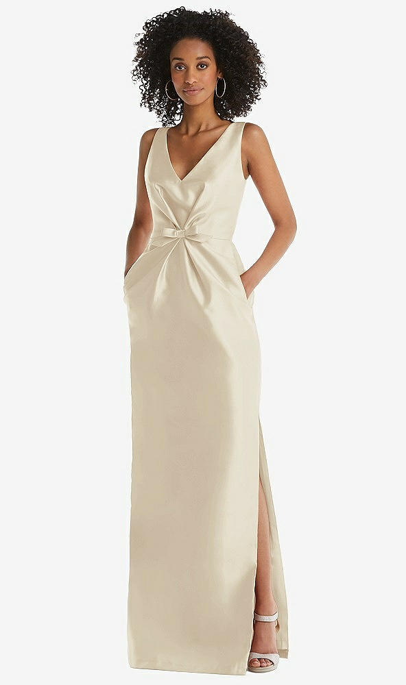 Front View - Champagne Pleated Bodice Satin Maxi Pencil Dress with Bow Detail