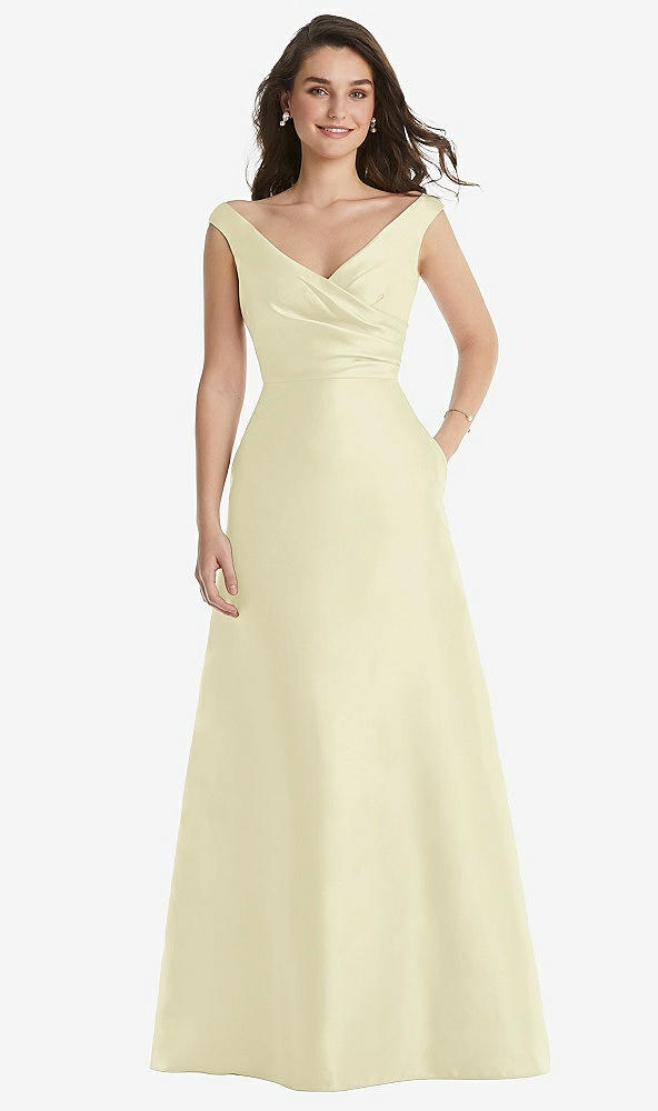 Front View - Butter Yellow Off-the-Shoulder Draped Wrap Maxi Dress with Pockets