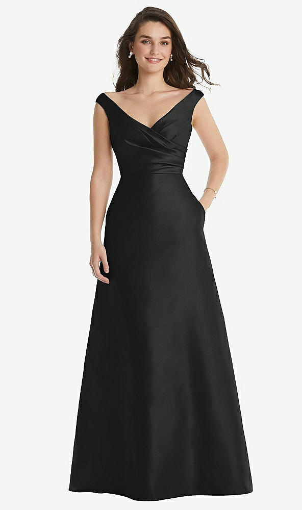 Front View - Black Off-the-Shoulder Draped Wrap Maxi Dress with Pockets
