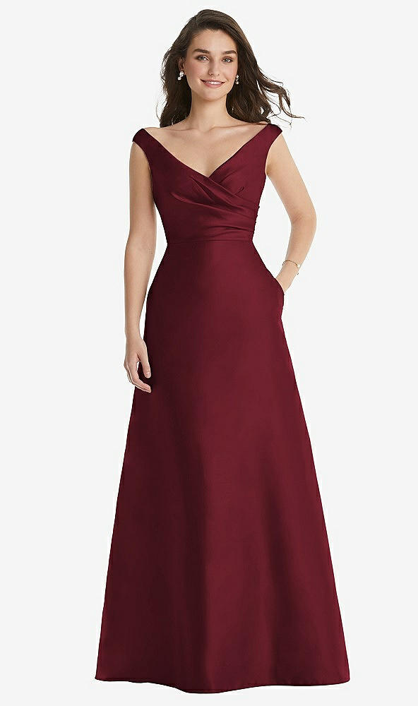 Front View - Cabernet Off-the-Shoulder Draped Wrap Maxi Dress with Pockets