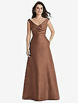Front View Thumbnail - Cognac Off-the-Shoulder Draped Wrap Maxi Dress with Pockets