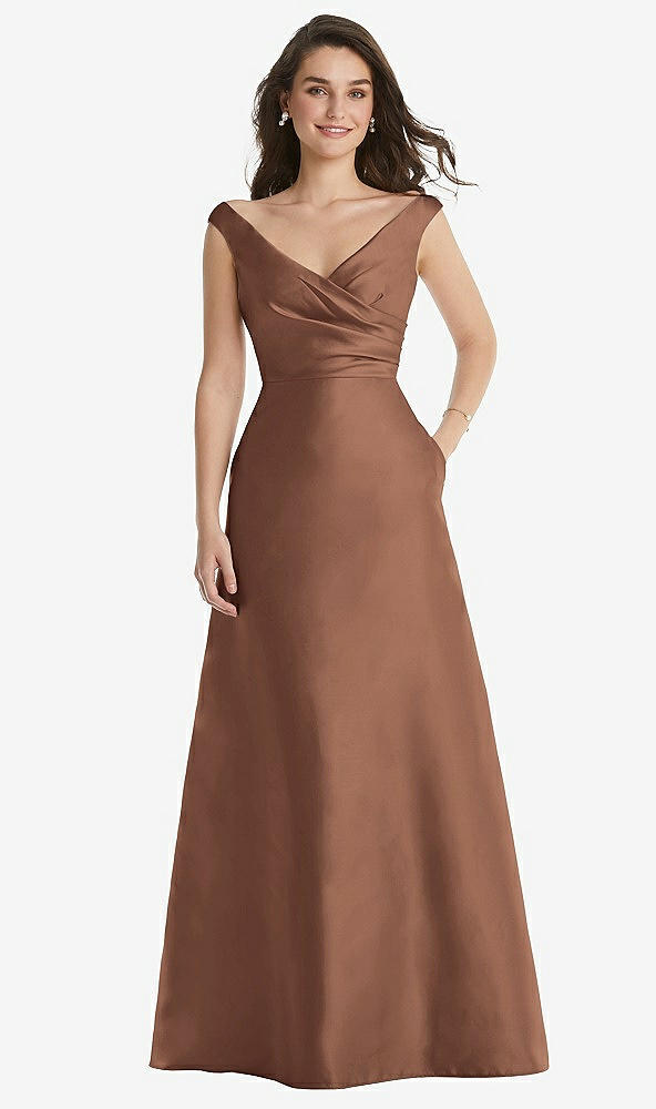 Front View - Cognac Off-the-Shoulder Draped Wrap Maxi Dress with Pockets