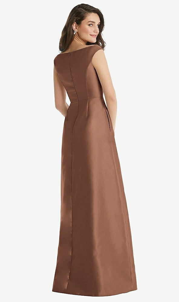Back View - Cognac Off-the-Shoulder Draped Wrap Maxi Dress with Pockets