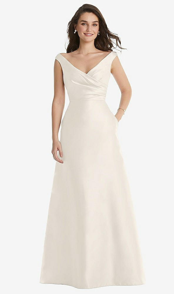 Front View - Ivory Off-the-Shoulder Draped Wrap Maxi Dress with Pockets