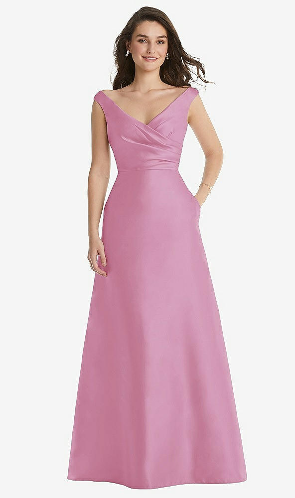 Front View - Powder Pink Off-the-Shoulder Draped Wrap Maxi Dress with Pockets