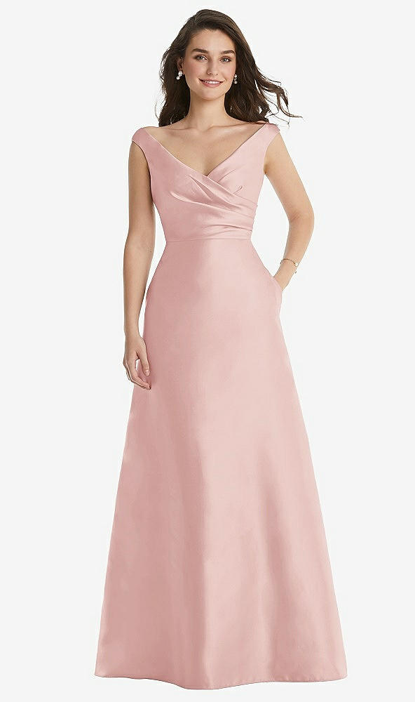 Front View - Rose Off-the-Shoulder Draped Wrap Maxi Dress with Pockets