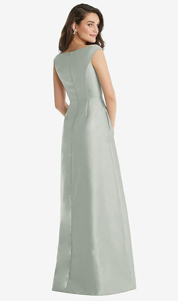 Back View - Willow Green Off-the-Shoulder Draped Wrap Maxi Dress with Pockets