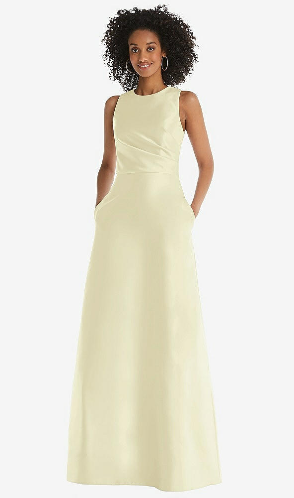 Front View - Butter Yellow Jewel Neck Asymmetrical Shirred Bodice Maxi Dress with Pockets