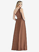 Rear View Thumbnail - Cognac Pleated Draped One-Shoulder Satin Maxi Dress with Pockets