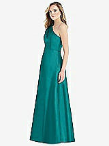 Side View Thumbnail - Jade Pleated Draped One-Shoulder Satin Maxi Dress with Pockets