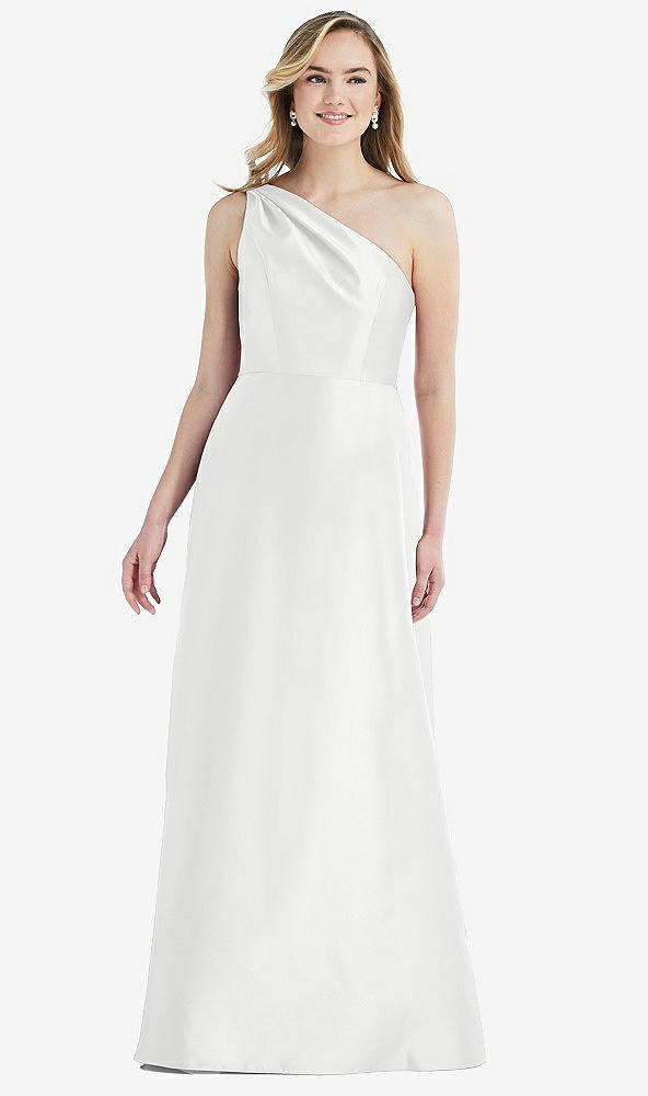 Front View - White Pleated Draped One-Shoulder Satin Maxi Dress with Pockets