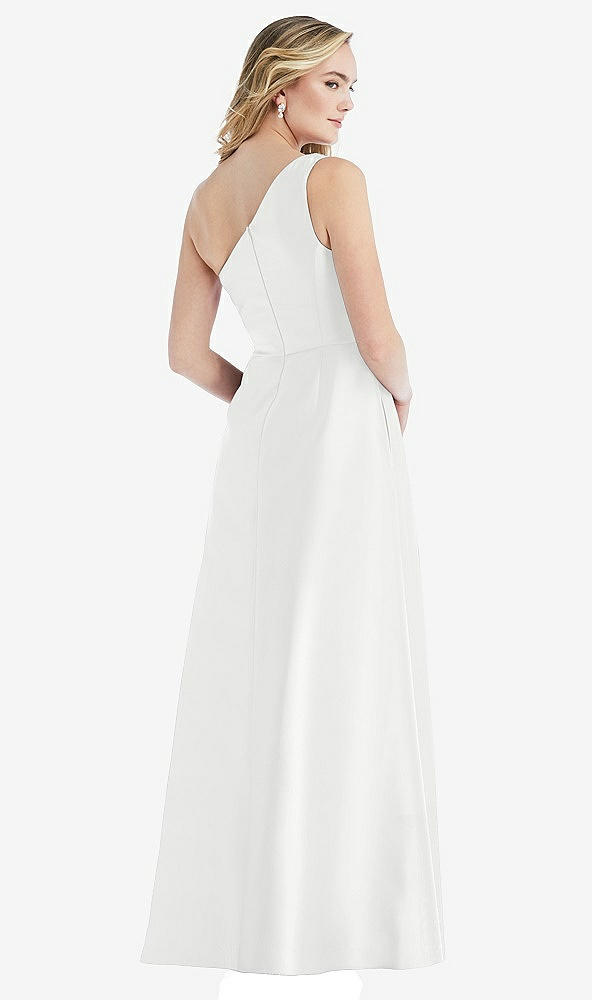 Back View - White Pleated Draped One-Shoulder Satin Maxi Dress with Pockets