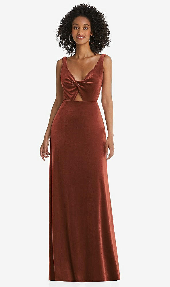 Front View - Auburn Moon Twist Front Cutout Velvet Maxi Dress - Cameron