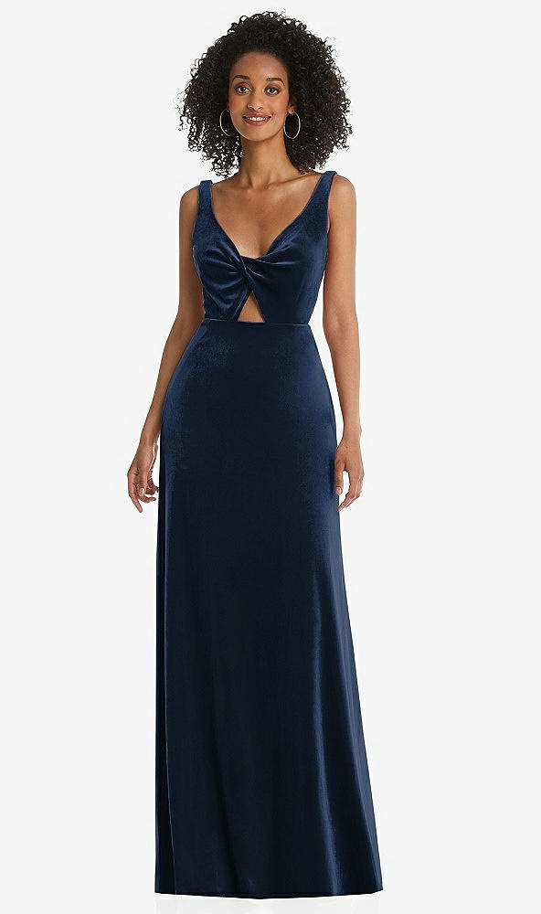 Front View - Midnight Navy Twist Front Cutout Velvet Maxi Dress - Cameron