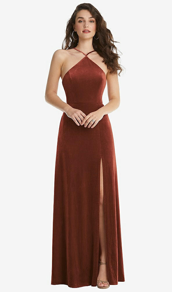 Front View - Auburn Moon High Neck Halter Open-Back Velvet Dress - Alix