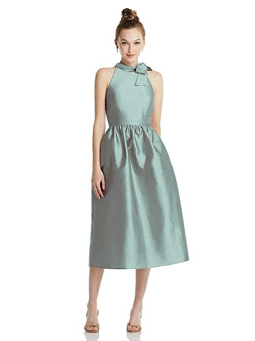 Bowed High-Neck Full Skirt Midi Dress with Pockets