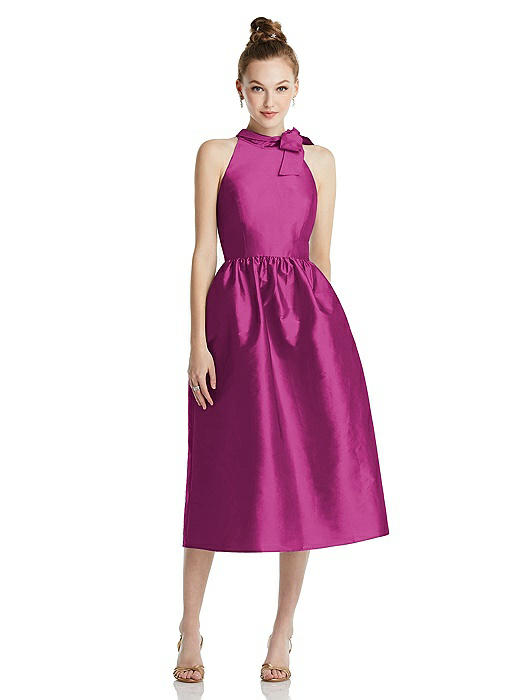 Bowed High-Neck Full Skirt Midi Dress with Pockets