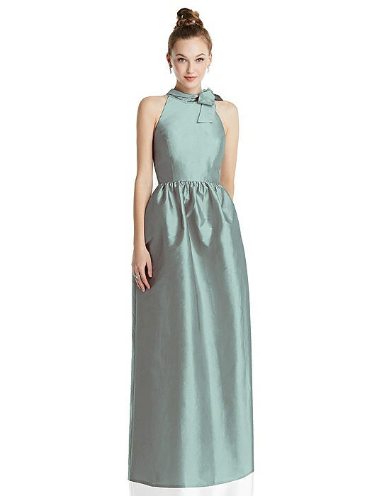 Bowed High-Neck Full Skirt Maxi Dress with Pockets