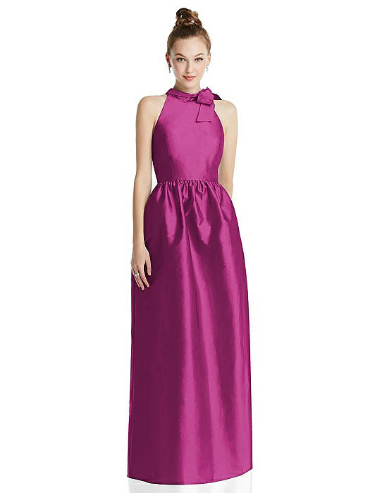 Bowed High-Neck Full Skirt Maxi Dress with Pockets