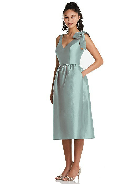 Bowed-Shoulder Full Skirt Midi Dress with Pockets