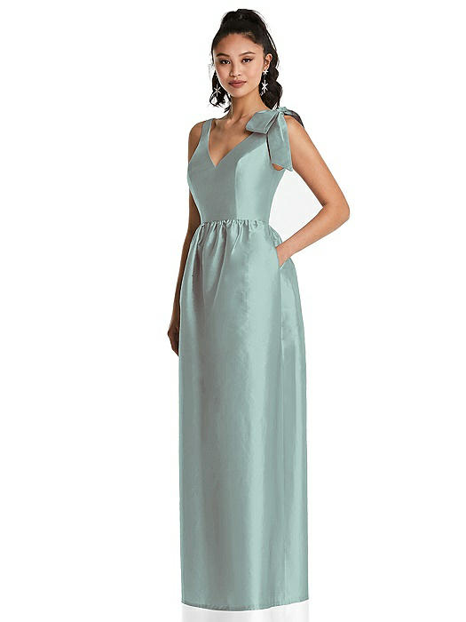Bowed-Shoulder Full Skirt Maxi Dress with Pockets