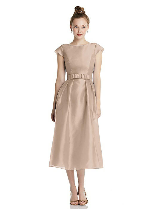 Cap Sleeve Pleated Skirt Midi Dress with Bowed Waist