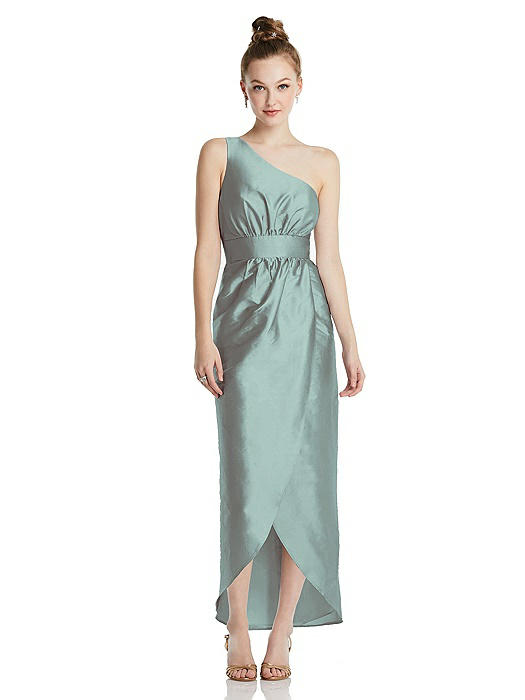One-Shoulder Shirred Tulip Skirt Midi Dress