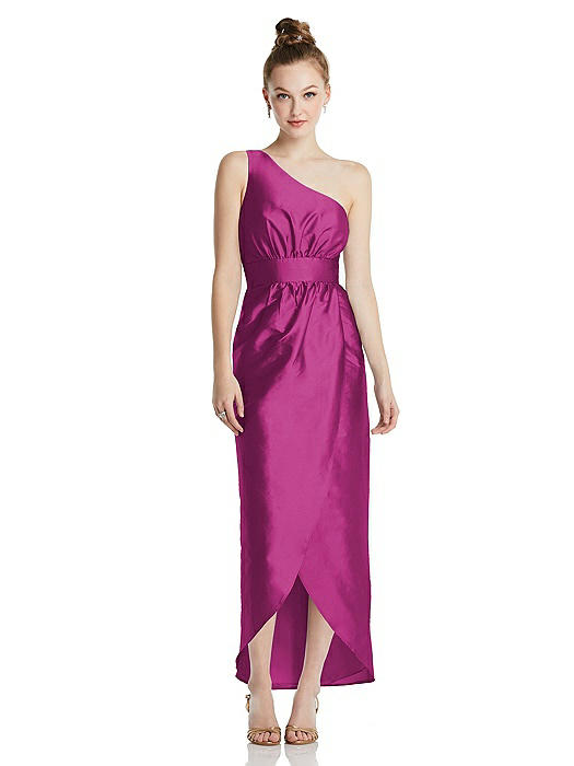 One-Shoulder Shirred Tulip Skirt Midi Dress