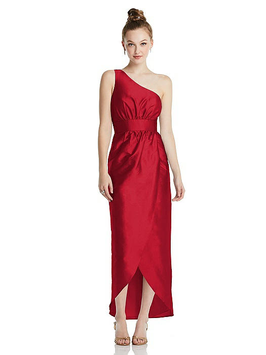 One-Shoulder Shirred Tulip Skirt Midi Dress