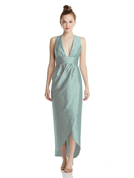 Plunging Neckline Shirred Tulip Skirt Midi Dress