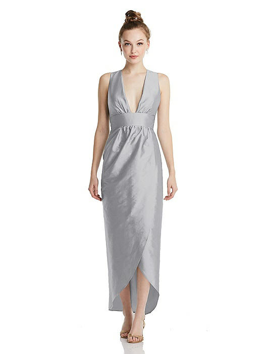 Plunging Neckline Shirred Tulip Skirt Midi Dress