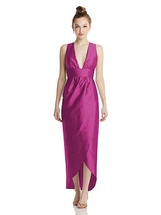 Plunging Neckline Shirred Tulip Skirt Midi Dress