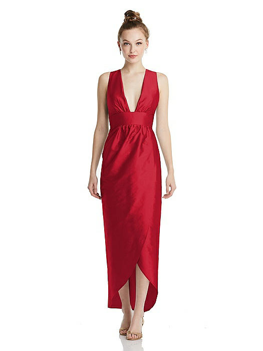 Plunging Neckline Shirred Tulip Skirt Midi Dress