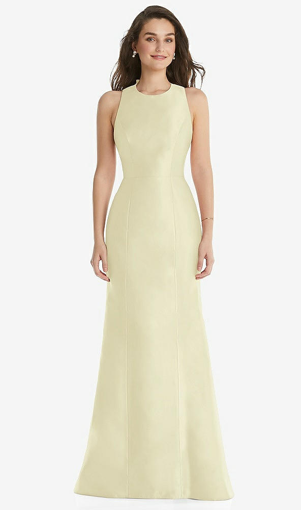 Front View - Butter Yellow Jewel Neck Bowed Open-Back Trumpet Dress