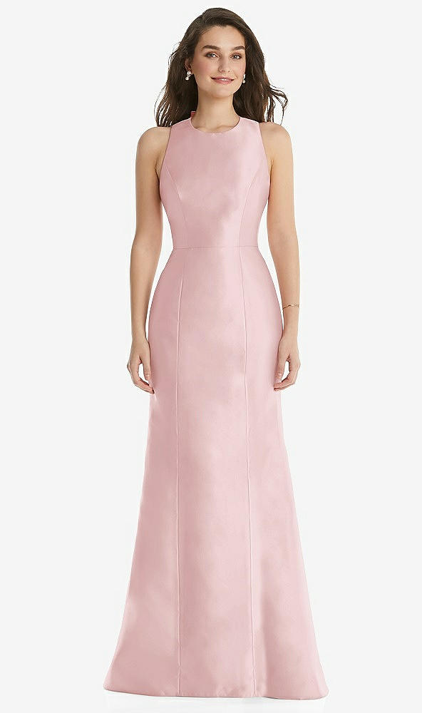 Front View - Ballet Pink Jewel Neck Bowed Open-Back Trumpet Dress