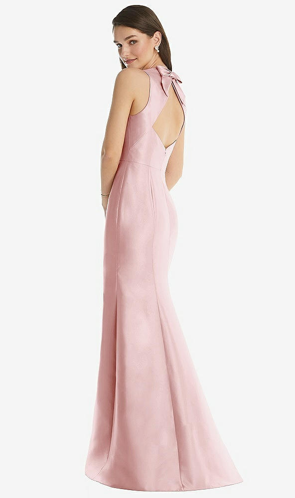 Back View - Ballet Pink Jewel Neck Bowed Open-Back Trumpet Dress