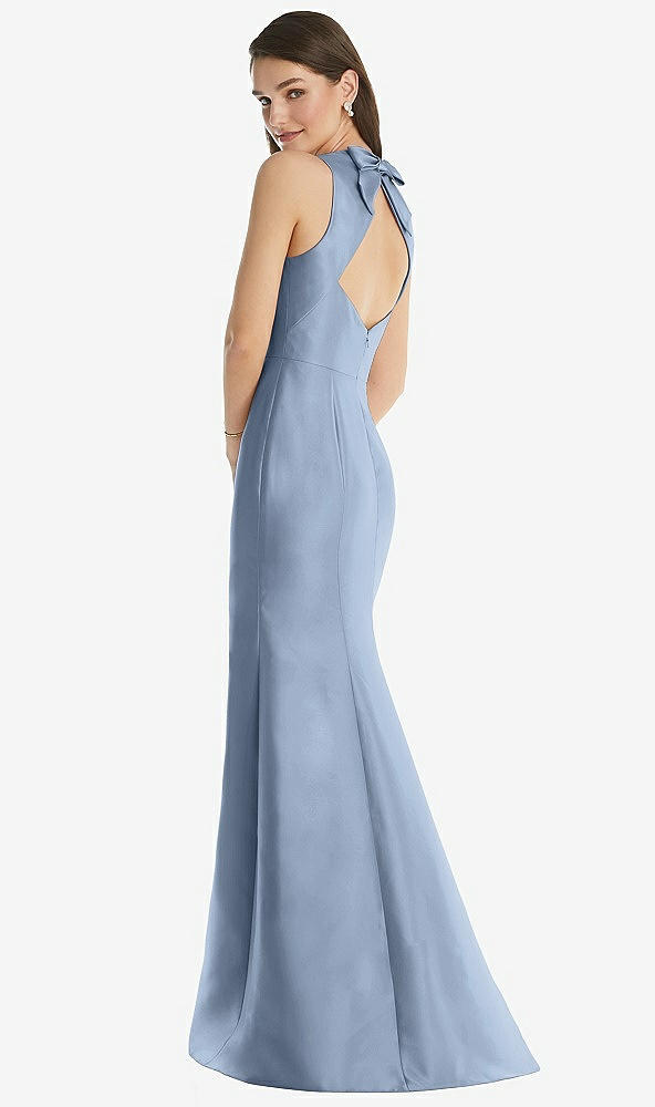 Back View - Cloudy Jewel Neck Bowed Open-Back Trumpet Dress