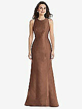 Front View Thumbnail - Cognac Jewel Neck Bowed Open-Back Trumpet Dress 