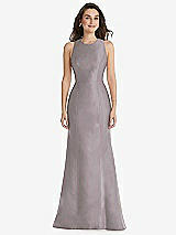 Front View Thumbnail - Cashmere Gray Jewel Neck Bowed Open-Back Trumpet Dress
