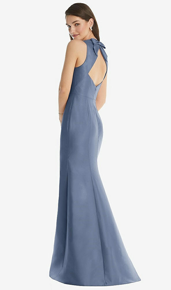 Back View - Larkspur Blue Jewel Neck Bowed Open-Back Trumpet Dress