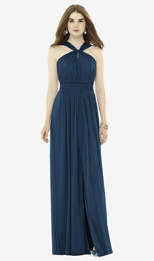 Front View - Sofia Blue Twist Halter Low Illusion Back Maxi Dress