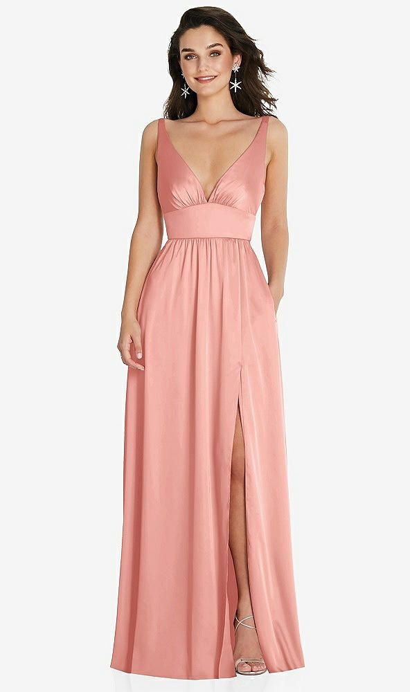 Front View - Rose Deep V-Neck Shirred Skirt Maxi Dress with Convertible Straps