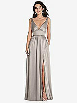 Front View Thumbnail - Taupe Deep V-Neck Shirred Skirt Maxi Dress with Convertible Straps